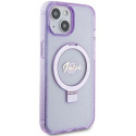Guess RING STAND SCRIPT GLITTER pro iPhone 15 Plus/14 Plus fialová