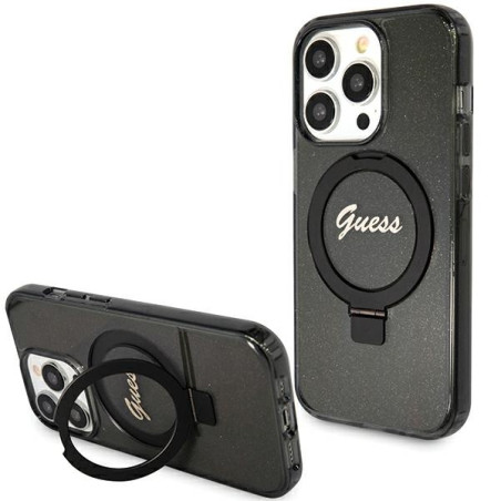 Kryt Guess RING STAND SCRIPT GLITTER iPhone 15 Pro Max černý